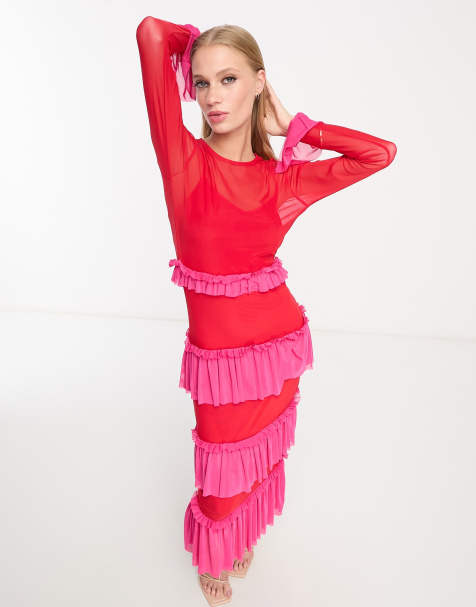 Never Fully Dressed - Robe longueur mollet avec volants en tulle - Rouge et rose - view 1