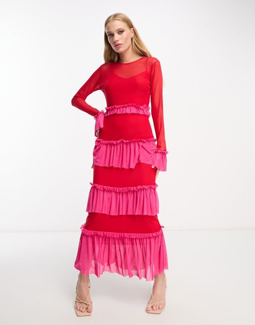 Never Fully Dressed - Robe longueur mollet avec volants en tulle - Rouge et rose, 2 de 4