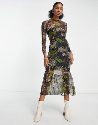 Never Fully Dressed mesh midaxi dress in contrast animal print - ASOS Price Checker