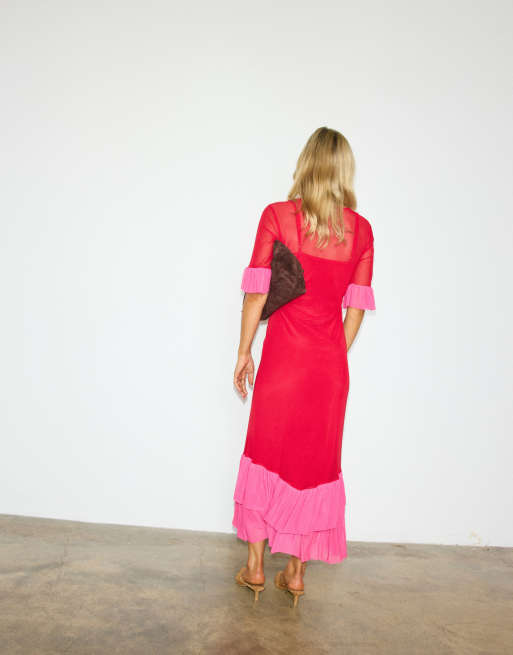 Never Fully Dressed - Robe longueur mollet en tulle avec manches évasées et ourlet à volants - Rouge et rose, 2 de 4