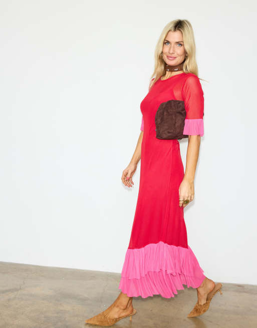 Never Fully Dressed - Robe longueur mollet en tulle avec manches évasées et ourlet à volants - Rouge et rose, 3 de 4