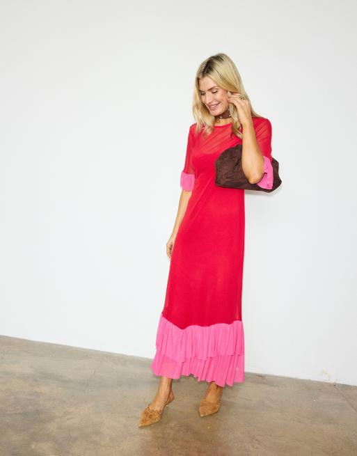 Never Fully Dressed - Robe longueur mollet en tulle avec manches évasées et ourlet à volants - Rouge et rose, 4 de 4