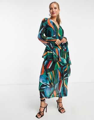 Never Fully Dressed ruffle midaxi dress in abstract print - ASOS Price Checker
