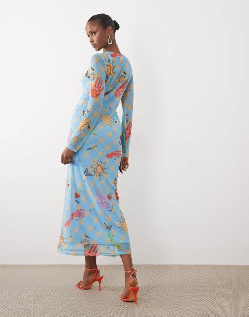 Never Fully Dressed - Robe mi-longue en tulle à manches longues et imprimé céleste - Bleu, 4 de 4