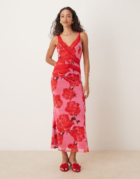 Never Fully Dressed - Robe nuisette longueur mollet en dentelle contrastante - Rose imprimé - view 1