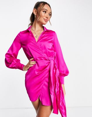 Never Fully Dressed satin wrap mini dress in fuchsia pink - ASOS Price Checker