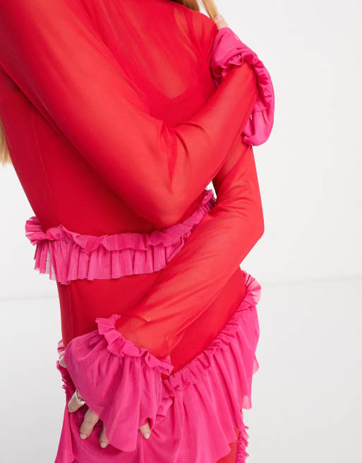 Never Fully Dressed – Rosa och röd midaxiklänning i mesh med volanger, 3 av 4