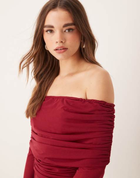 Never Fully Dressed ruched mesh bardot top in burgundy - view 1