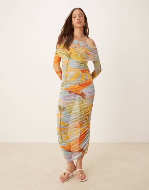 Never Fully Dressed ruched mesh midaxi dress in mixed print - view 1