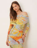 [Never Fully Dressed] Never Fully Dressed ruched mesh midaxi dress in mixed print-Green 8 Green Print