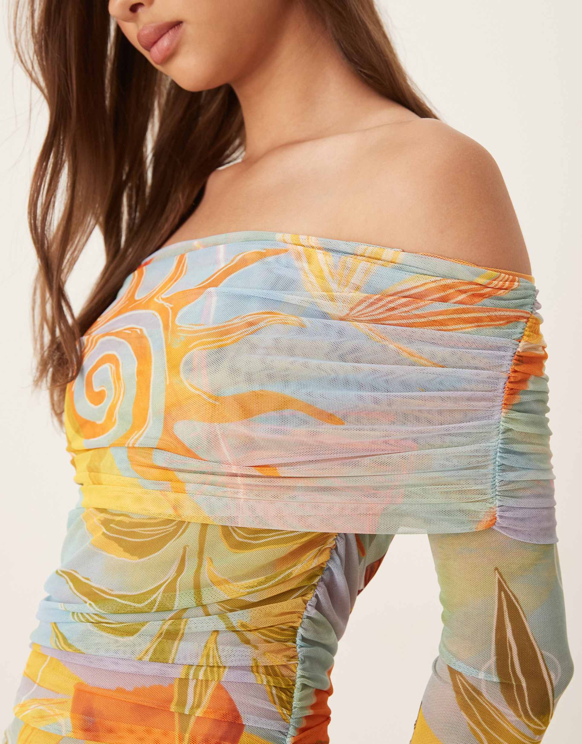 never fully dressed ruched mesh midaxi dress in mixed print
