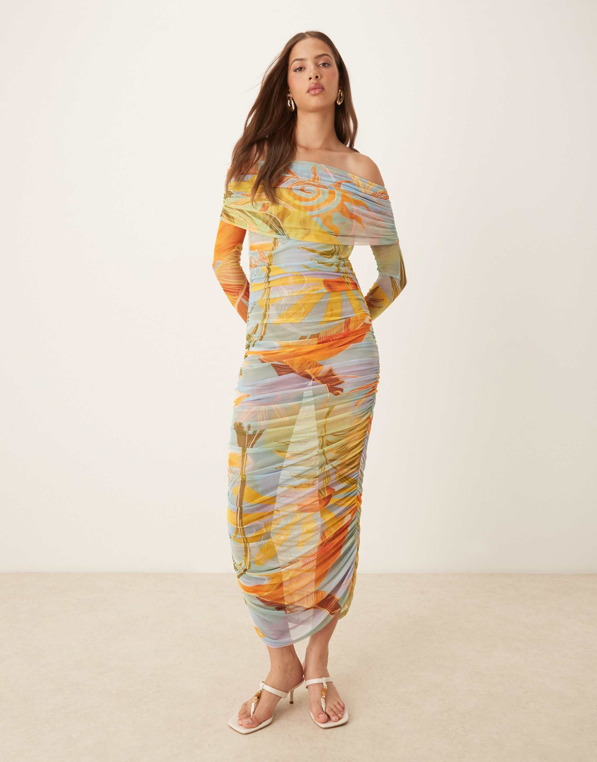 never fully dressed ruched mesh midaxi dress in mixed print