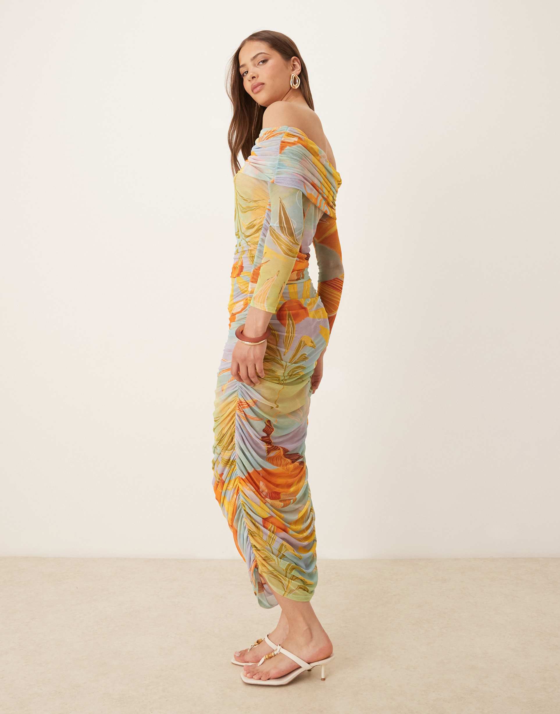 never fully dressed ruched mesh midaxi dress in mixed print
