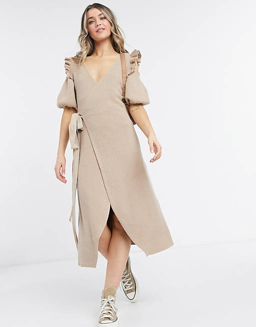  Never Fully Dressed ruffle cold shoulder wrap tie knitted midi dress in camel 