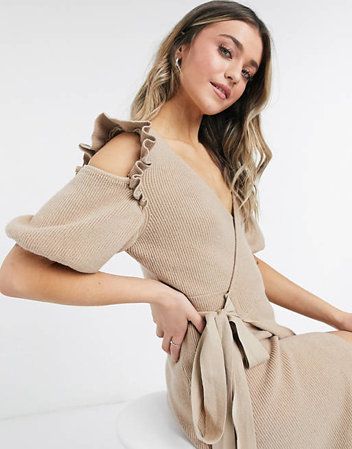  Never Fully Dressed ruffle cold shoulder wrap tie knitted midi dress in camel 