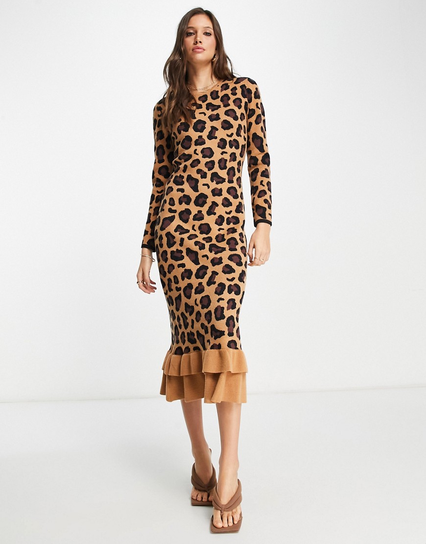 Never Fully Dressed ruffle knit midi dress in leopard print-Brown