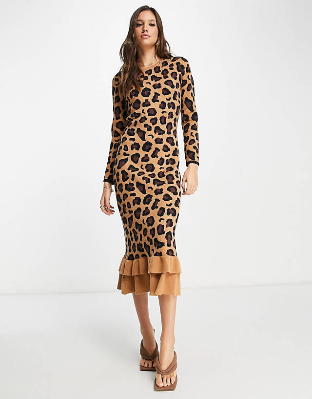 Never Fully Dressed - ruffle knit midi dress in leopard print