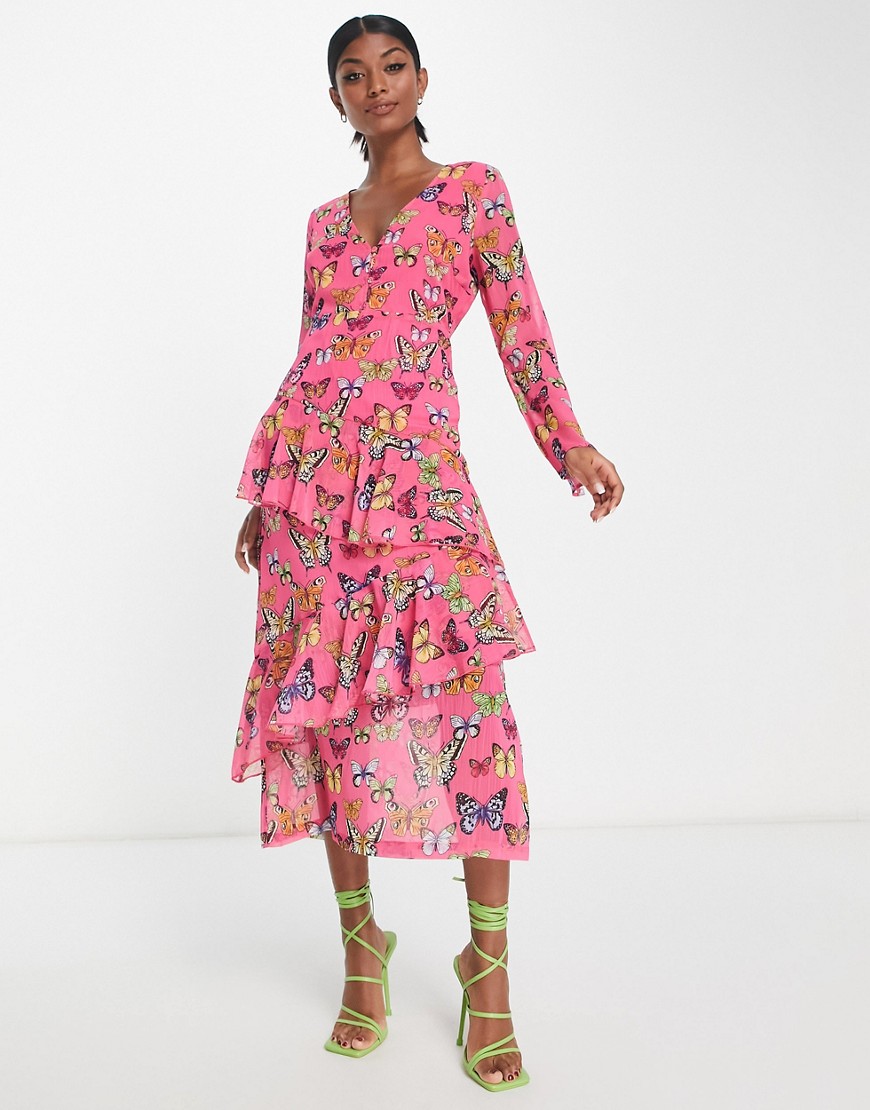 Never Fully Dressed ruffle midaxi dress in pink-Multi
