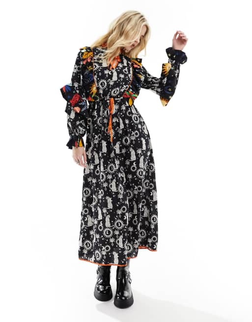 Never Fully Dressed ruffle sleeve beaded midaxi dress in black leopard