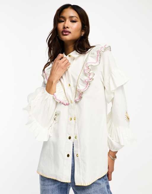 White shirt best sale with ruffle sleeves