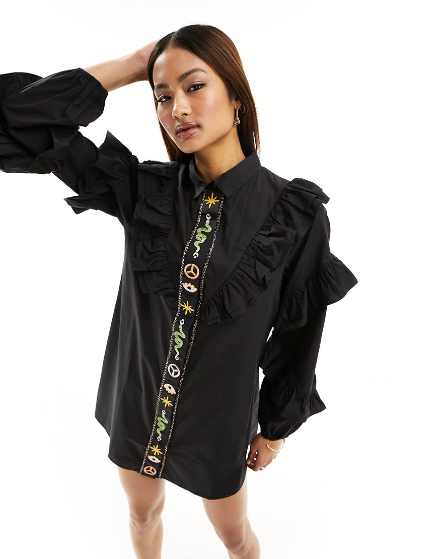 ruffle sleeve embroidered shirt mini dress in black