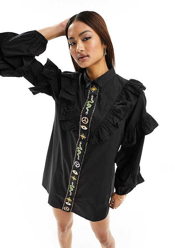 Never Fully Dressed - ruffle sleeve embroidered shirt mini dress in black