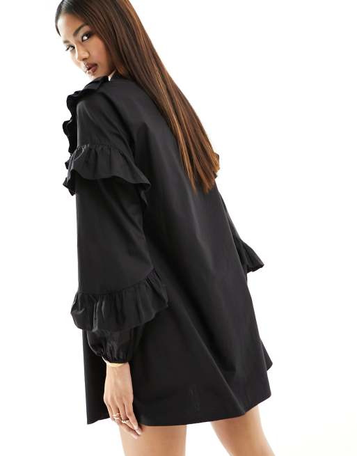 Never Fully Dressed ruffle sleeve embroidered shirt mini dress in black |  ASOS