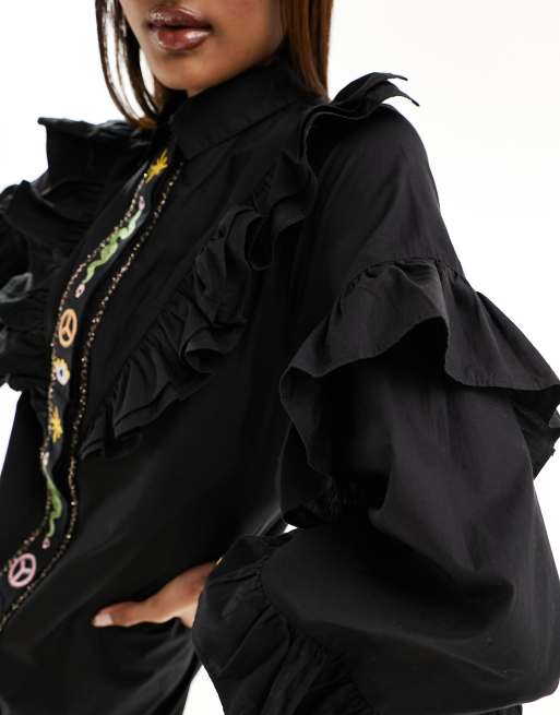 Never Fully Dressed ruffle sleeve embroidered shirt mini dress in black |  ASOS