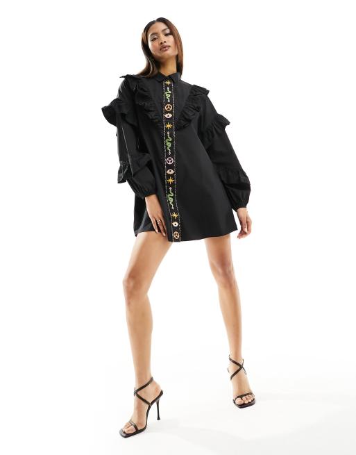 sachin and babi light blue dress Never Fully Dressed ruffle sleeve embroidered shirt mini dress in black