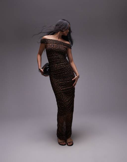Never Fully Dressed - Rynket midaxi-kjole med offshoulder-snit og leopardprint i mesh