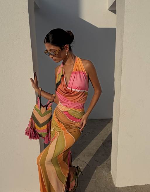Never Fully Dressed Sabine slinky cowl neck maxi dress in orange abstract print, 3 of 4