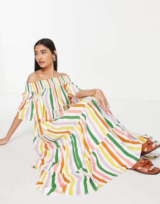 Never Fully Dressed – Sadie – Kolorowa sukienka maxi w paski z dekoltem bardot