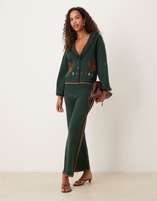 Never Fully Dressed - Safari - Cardigan in maglia verde bottiglia ricamato in coordinato, 2 di 4
