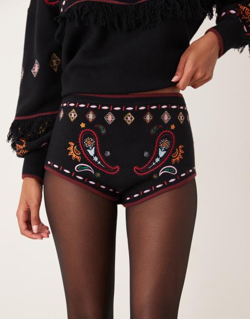 Never Fully Dressed safari embroidered knit hotpants in black - part of a set, 3 of 5