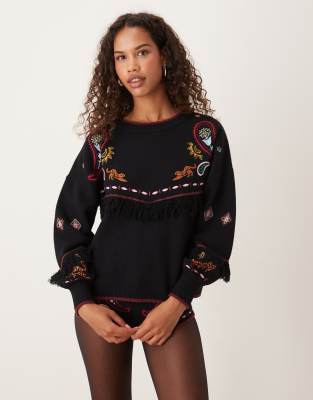 Never Fully Dressed Never Fully Dressed safari embroidered knitted jumper co-ord in black