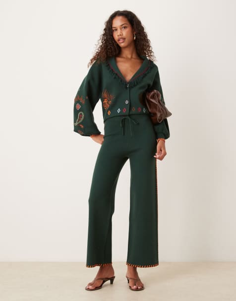 Never Fully Dressed Safari embroidered knitted pants in bottle green (part of a set) - view 1