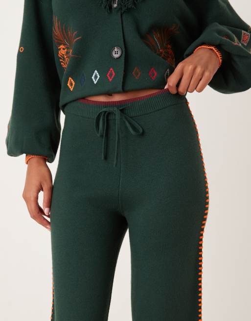 Never Fully Dressed Safari embroidered knitted pants in bottle green (part of a set), 4 of 5