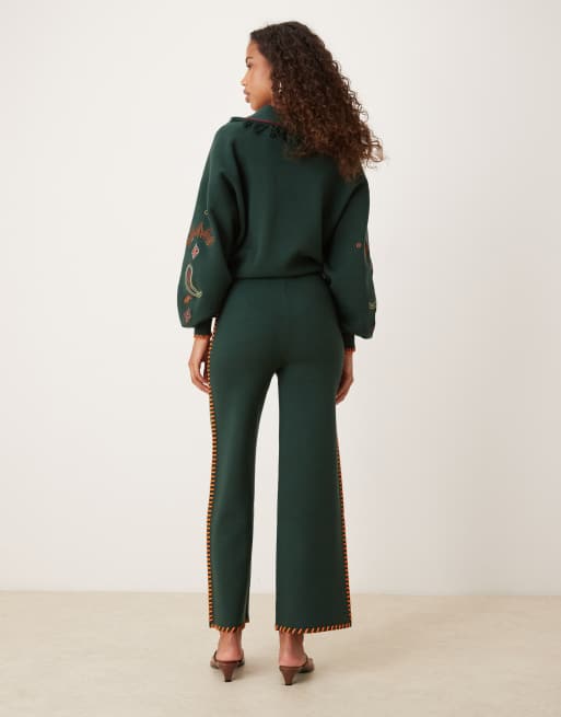 Never Fully Dressed safari embroidered knitted trouser co-ord in bottle green, 3 of 5