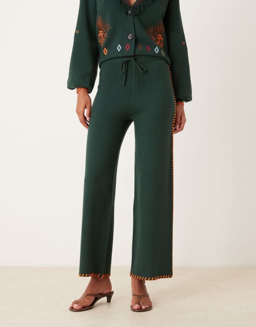 Never Fully Dressed safari embroidered knitted trouser co-ord in bottle green, 5 of 5
