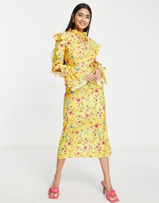 Never Fully Dressed Saint floral frill midi dress in yellow