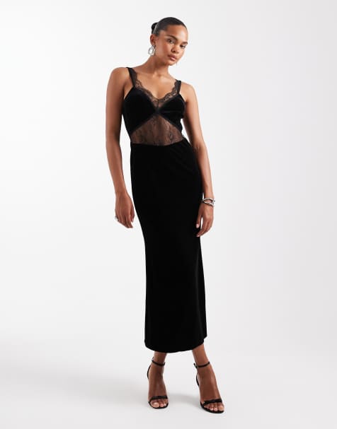 Never Fully Dressed – Samt-Maxikleid in Schwarz mit Spitzeneinsätzen - view 1