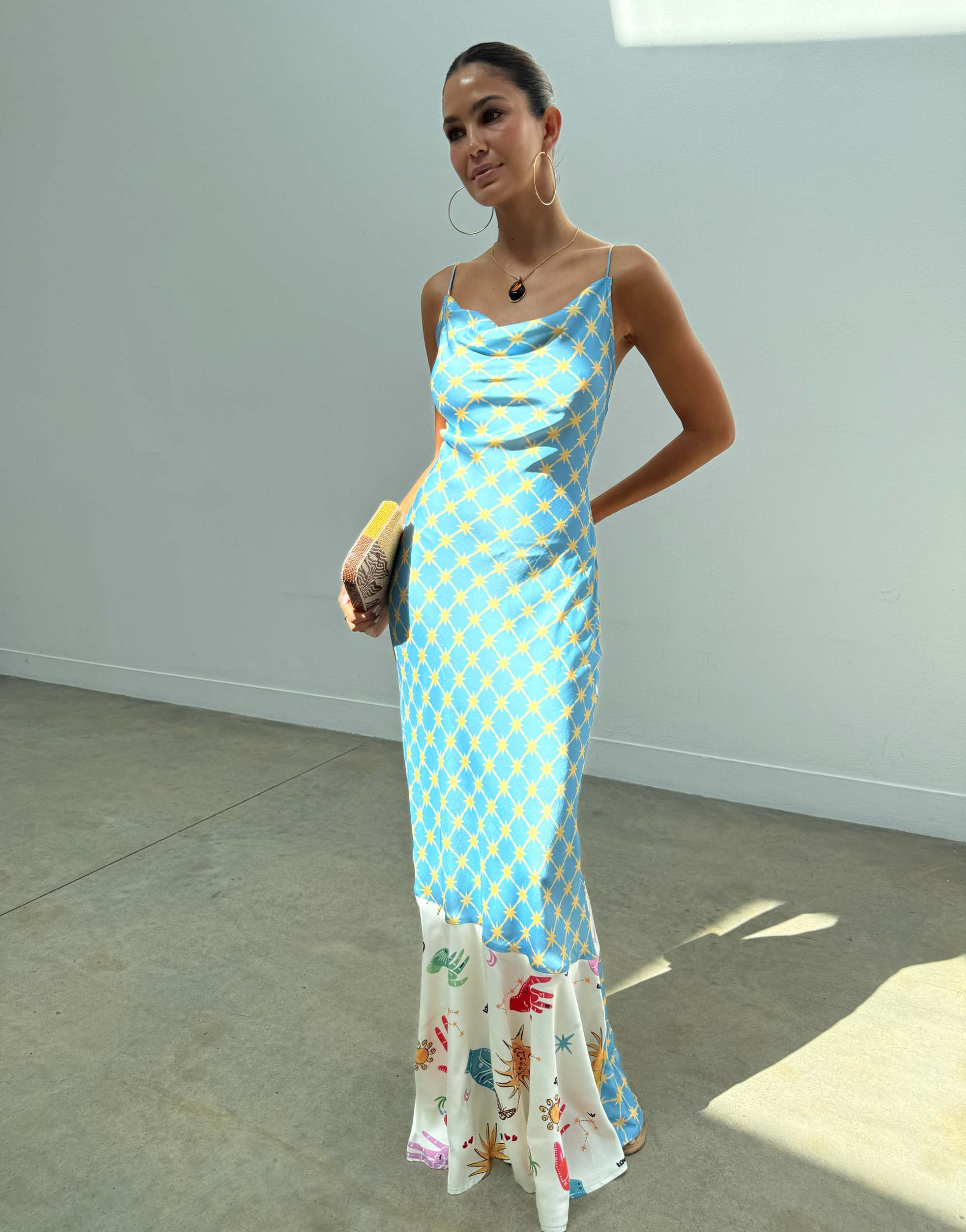 never fully dressed satin cami biase midi dress in celestial print