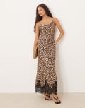 [Never Fully Dressed] Never Fully Dressed satin cowl neck maxi dress with lace trim hem in leopard print-Multi 10 LEOPARD
