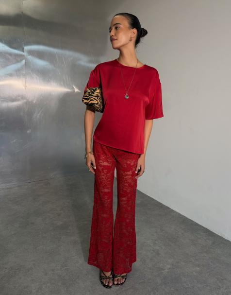 Never Fully Dressed satin crew neck short sleeve t-shirt in red - view 1