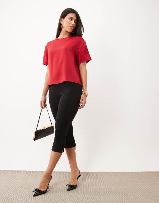 Never Fully Dressed satin crew neck short sleeve t-shirt in red, 2 of 4