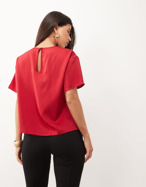 Never Fully Dressed satin crew neck short sleeve t-shirt in red, 4 of 4