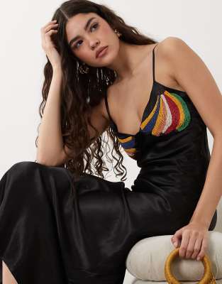 Never Fully Dressed Satin Embellished Banana Slip Maxi Dress In Multi