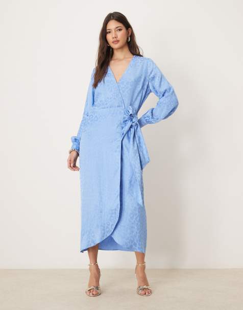 Never Fully Dressed satin embossed wrap midaxi dress in powder blue