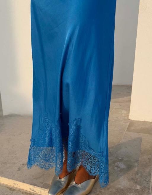 Never Fully Dressed satin high rise lace hem maxi skirt co-ord in blue, 2 of 4