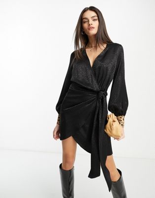 Never Fully Dressed satin jacquard mini dress with leopard cuffs in black - ASOS Price Checker